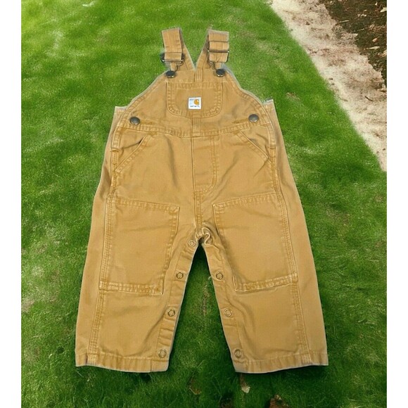 Carhartt Canvas Bib Overalls Infant Sz 9 Mos 9M Brown Double  Knee Kids Work - Picture 11 of 12